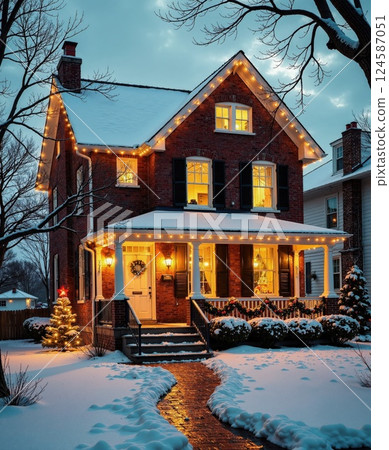 Charming winter holiday scene: snow-covered house decorated with festive lights at dusk 124587051