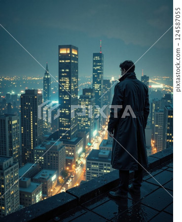 Contemplative urban evening: man in trench coat overlooking illuminated cityscape for cinematic inspiration and design 124587055