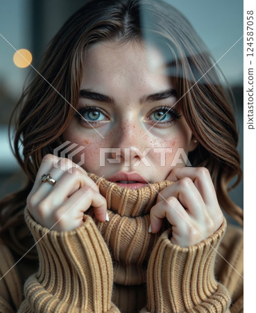 Cozy autumn portrait with freckled beauty in warm sweater 124587058
