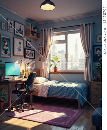 Cozy urban bedroom retreat with artistic decor and cityscape view for interior inspiration 124587064