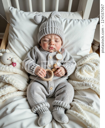 Cozy winter vibes: sleeping baby in knit outfit with plush toys for adorable nursery decor 124587067