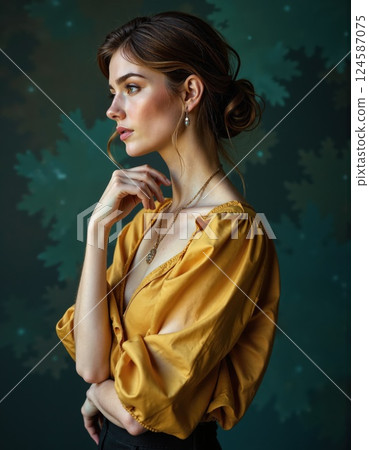 Elegant autumn portrait of woman in golden attire with leafy green background - fashion, style, and seasonal inspiration for creative design 124587075