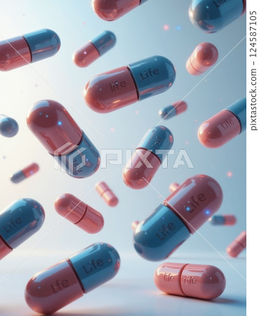 Vibrant floating capsules with inspirational text in pastel shades for modern wellness and motivation concepts Vibrant floating capsules with inspirational text in pastel shades for modern wellness and motivation concepts 124587105