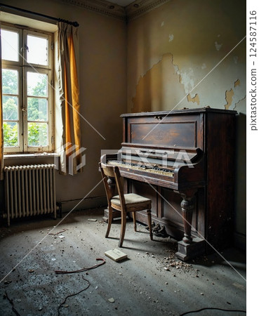 Vintage abandoned piano room with rustic charm in sunlit decay 124587116