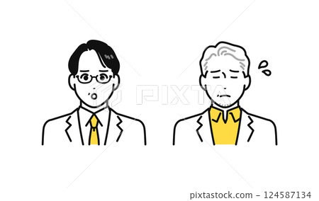 一組簡單的人物圖標,描繪了身穿白大褂的中年和老年男子陷入困境 一組簡單的人物圖標,描繪了身穿白大褂的中年和老年男子陷入困境 124587134