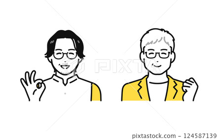 A simple character icon set of middle-aged and senior men in business casual who are happy that their problems have been solved A simple character icon set of middle-aged and senior men in business casual who are happy that their problems have been solved 124587139