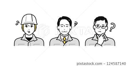 A simple character icon set of middle-aged and senior men wearing work clothes with a worried expression A simple character icon set of middle-aged and senior men wearing work clothes with a worried expression 124587140