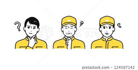 A simple icon set of middle-aged and senior men wearing overalls with a worried expression 124587142