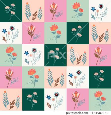 Seamless Checkered Floral Pattern with Vibrant Colors Seamless Checkered Floral Pattern with Vibrant Colors 124587180