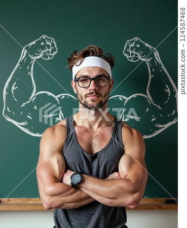 Fitness motivation concept with athletic man in front of chalkboard muscle drawings 124587468