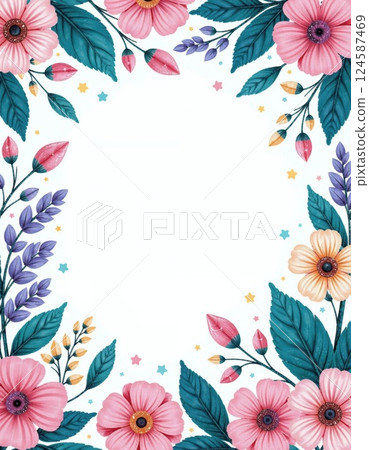 Floral border design with pastel flowers and leaves for invitations and stationery 124587469