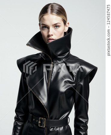 Futuristic fashion statement: sleek black leather jacket with high collar for edgy and modern styling 124587475
