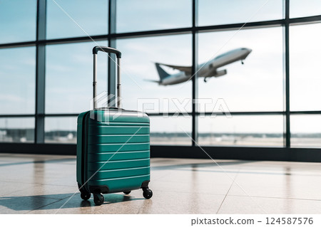 Suitcase waits at airport terminal as plane takes off, symbolizing travel.. 124587576