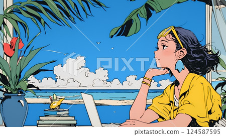 Workcation: Women who work while enjoying their holidays 124587595