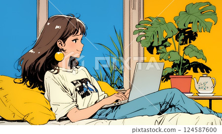 Workcation: Women who work while enjoying their holidays 124587600