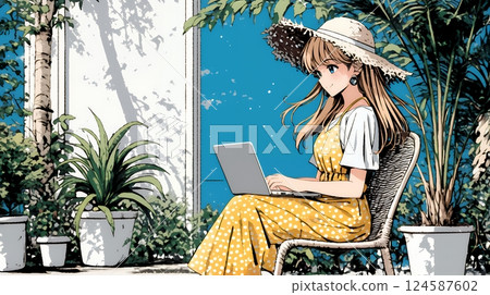 Workcation: Women who work while enjoying their holidays Workcation: Women who work while enjoying their holidays 124587602