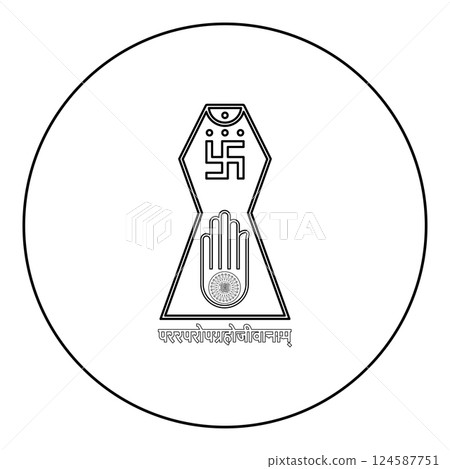 Symbol Jainism emblem Jain Prateek Chihna Hand Akhimsa Ahimsa arm religion Dharma Ahinsa Mahavir Jayanti icon in circle round black color vector illustration image outline contour line thin style Symbol Jainism emblem Jain Prateek Chihna Hand Akhimsa Ahimsa arm religion Dharma Ahinsa Mahavir Jayanti icon in circle round black color vector illustration image outline contour line thin style 124587751