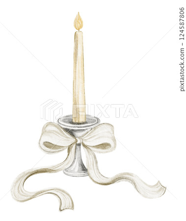 Watercolor illustration of a glowing candle in an antique candlestick. Vintage artwork for invitations, greeting cards, book covers, and packaging. Mystical, gothic design nostalgia, and romance. 124587806
