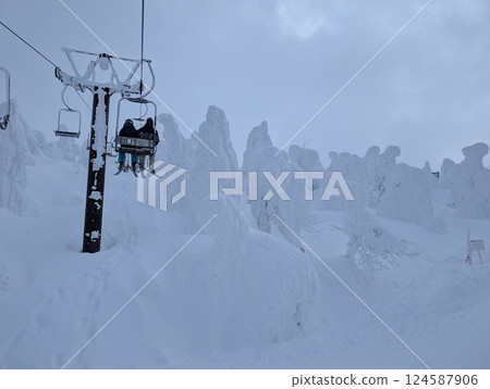 山形藏王溫泉滑雪場烏托邦滑雪場的滑雪場，從纜車上可以看到覆蓋著冰霜的樹木 124587906