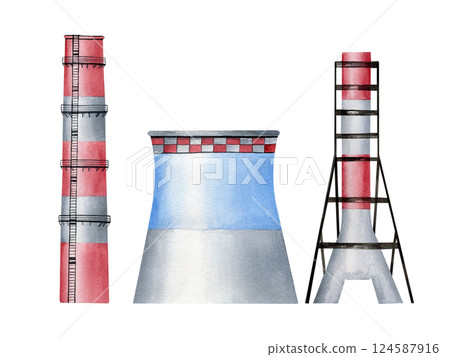 Industrial city factories watercolor set isolated on white. Environmental pollution concept with plant pipes background for global warming and heavy industry designs. Different types of smoke stack 124587916