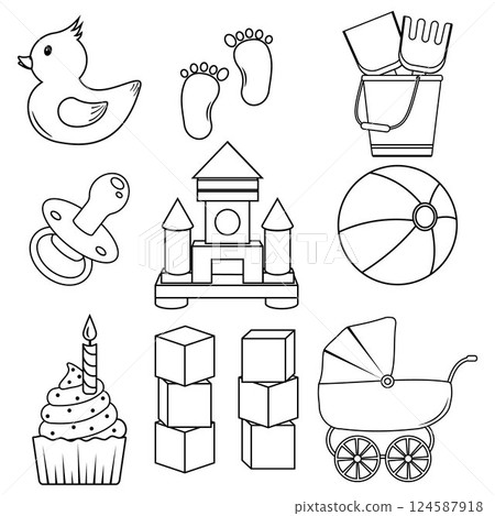 a set of isolated children's elements in the doodle style, contour coloring 124587918