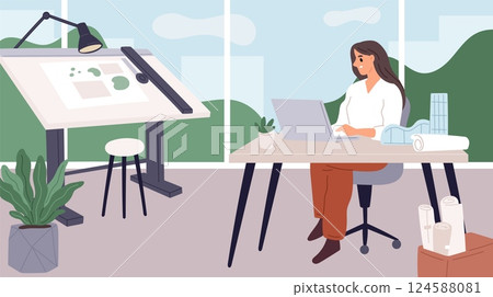Architect creator works. Female design engineer makes project, professional builder workplace with drawing board, territory planning, woman in office, cartoon flat isolated garish vector concept Architect creator works. Female design engineer makes project, professional builder workplace with drawing board, territory planning, woman in office, cartoon flat isolated garish vector concept 124588081