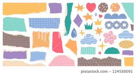 Color torn paper. Cut pieces with uneven edges and patterns, patchwork or scrapbooking fragments, collage art elements, isolated decorative abstract fragments, sticker classy vector set 124588091