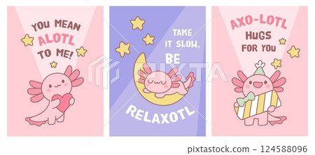 Funny axolotls cards. Cute pink amphibian character, cartoon newt, salamander, kawaii animal mascot, banners with text, reptile creatures, childish print, comic isolated garish vector set Funny axolotls cards. Cute pink amphibian character, cartoon newt, salamander, kawaii animal mascot, banners with text, reptile creatures, childish print, comic isolated garish vector set 124588096