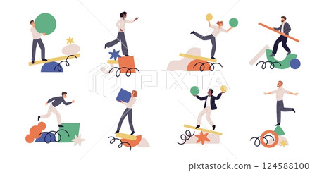 Instability people. Trying find balance, abstract shapes groups, stability lack, precarious position, danger of falling, business characters cartoon flat style isolated garish vector set Instability people. Trying find balance, abstract shapes groups, stability lack, precarious position, danger of falling, business characters cartoon flat style isolated garish vector set 124588100