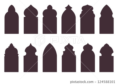 Islamic window shapes. Oriental traditional doors and arches, silhouette arab elements, ramadan frames templates, classic architectural geometric object, isolated border, splendid vector set 124588101