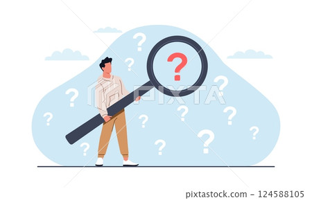 Man looking for answers to questions. Character hold magnifying glass, boy finding information, solving problems, FAQ, education development symbol, cartoon flat isolated vector concept 124588105