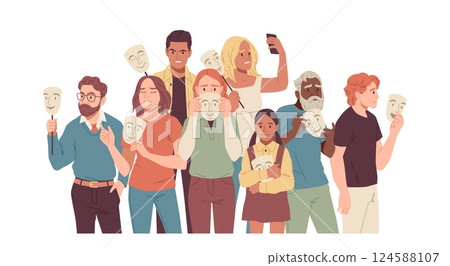 People group with social masks. Angry, sad persons holding fake smiling faces standing, character negative emotion, psychological problem, cartoon flat style isolated tidy vector concept People group with social masks. Angry, sad persons holding fake smiling faces standing, character negative emotion, psychological problem, cartoon flat style isolated tidy vector concept 124588107