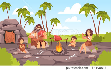 Primitive family having lunch. Stone age people eat meat around campfire, parents with kids in animal skins, cavemen, prehistoric barbarian cartoon flat style isolated tidy vector concept Primitive family having lunch. Stone age people eat meat around campfire, parents with kids in animal skins, cavemen, prehistoric barbarian cartoon flat style isolated tidy vector concept 124588110