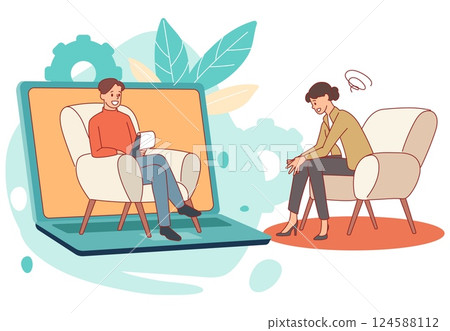Psychological online consultations. Psychotherapist helps patient remotely, internet mental support, video call therapy, laptop screen, cartoon flat style isolated decent vector concept Psychological online consultations. Psychotherapist helps patient remotely, internet mental support, video call therapy, laptop screen, cartoon flat style isolated decent vector concept 124588112
