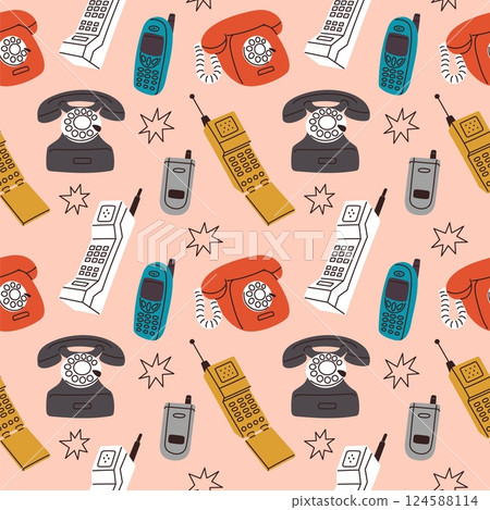 Retro phones seamless pattern. Vintage and modern dial telephones, old wireless electronic gadgets, 80s, 90s. Textile, wrapping, wallpaper. Print for fabric garish vector nostalgia background 124588114