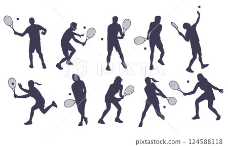 Set silhouettes of tennis players. Professional male and female athletes in different active poses, men and women with rackets batting and serving ball, sport vector flat isolated illustration 124588118
