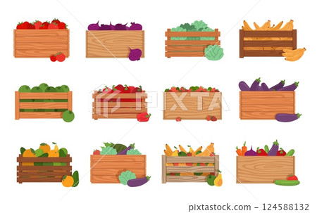 Wooden boxes with vegetables and fruits. Organic market pack, harvest in containers, agriculture crates, storage, export fresh natural food, cartoon flat style isolated nowaday vector set 124588132