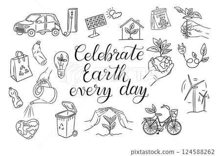 Celebrate Earth Day text with eco-friendly doodles Celebrate Earth Day text with eco-friendly doodles 124588262