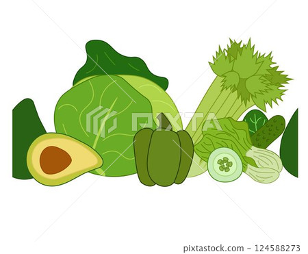 Green vegetable seamless horizontal border. Vector flat Fresh organic veggie print for kitchen, menu, food package design with cabbage, zucchini, celery. Eat green 124588273