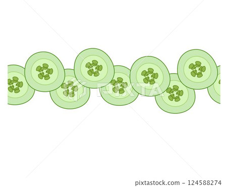 Cucumber slice horizontal seamless border. Vector flat illustration Natural healthy organic food Flat isolated on a white background. Ideal for menu, package, cosmetic, textile, cards  Eat green 124588274