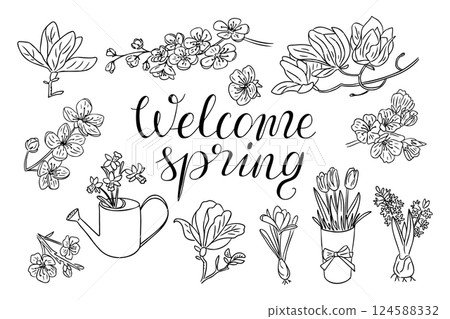 Welcome spring hand drawn lettering with doodles Welcome spring hand drawn lettering with doodles 124588332