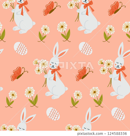 Seamless Easter pattern with cute white bunnies 124588336