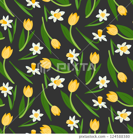 Spring floral pattern with daffodils and tulips 124588380