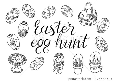 Hand-drawn Easter egg hunt doodle set Hand-drawn Easter egg hunt doodle set 124588383