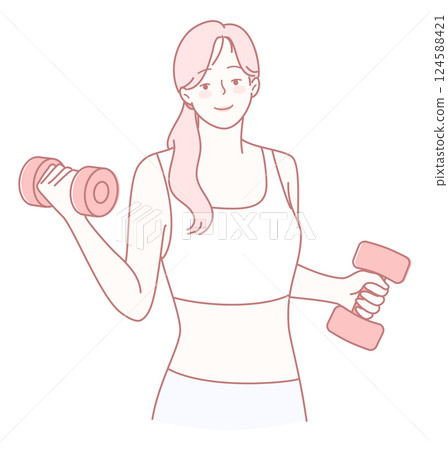 A Woman Engaging in Dynamic Exercise with Dumbbells in a Modern Fitness Environment 124588421