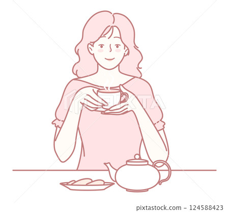 Relaxing Tea Time with a Woman Enjoying a Warm Cup of Tea, Perfect for a Calm Afternoon Relaxing Tea Time with a Woman Enjoying a Warm Cup of Tea, Perfect for a Calm Afternoon 124588423