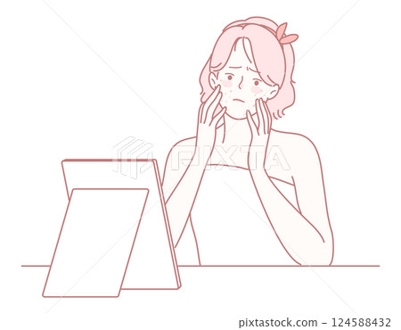 A woman is expressing her concerns and feelings while gazing thoughtfully into a mirror A woman is expressing her concerns and feelings while gazing thoughtfully into a mirror 124588432