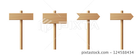 Vector Realistic Wooden Blank Sign Post Set. Realistic Road Signboard. Plywood Pointer, Timber, Directional Sign Design Template, Front View. Vector Illustration in 3D Style 124588434