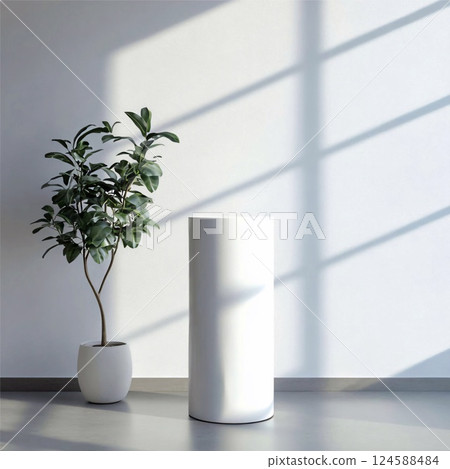 3D rendering of white cylindrical object in a minimalist interior. Generative AI 124588484