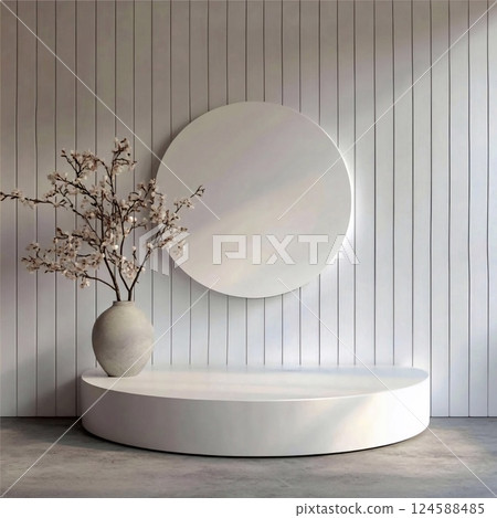 3D rendering of white circle podium in a minimalist interior. Generative AI 124588485